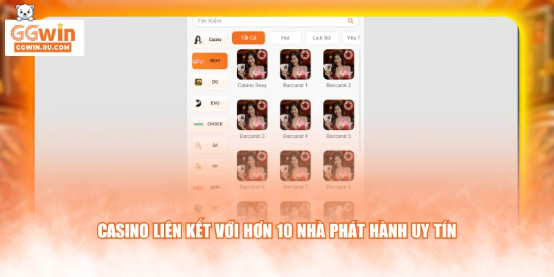 Casino liên kết với hơn 10 nhà phát hành uy tín